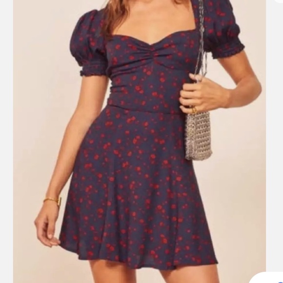 Reformation sweetheart neckline puff sleeve Drea Mini Dress in Anthem Blue - Picture 2 of 7